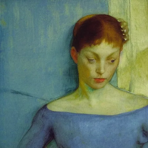 Prompt: close up of a girl in a blue and gold haunted liminal abandoned room, film still by edward hopper, by Pontormo, by klimt, art noveau, highly detailed, strong lights, liminal, eerie, Bright pastel colors