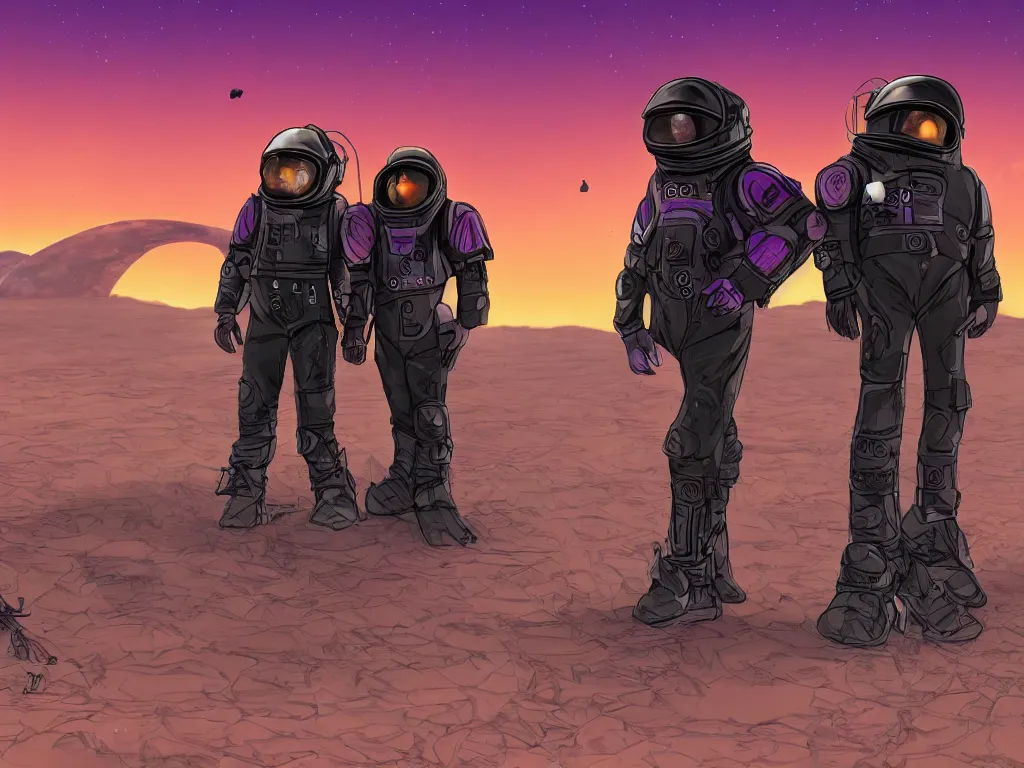 Prompt: portrait of two chubby teenagers with emo haircuts wearing gothy purple and black space spandex suits, standing next to burning spacecraft wreckage on the surface of mars, sunset, sand storm approaching, highly detailed, cinematic, artstation