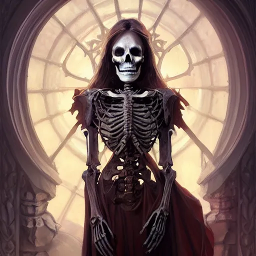 Image similar to portrait of an undead skeleton necromancer, D&D, fantasy, intricate, elegant, highly detailed, digital painting, artstation, concept art, smooth, sharp focus, illustration, art by artgerm and greg rutkowski and alphonse mucha