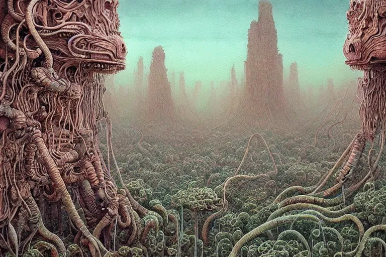 Prompt: a surreal and awe - inspiring science fiction landscape, alien plants and animals, intricate, elegant, highly detailed watercolor painting by beksinski and simon stalenhag