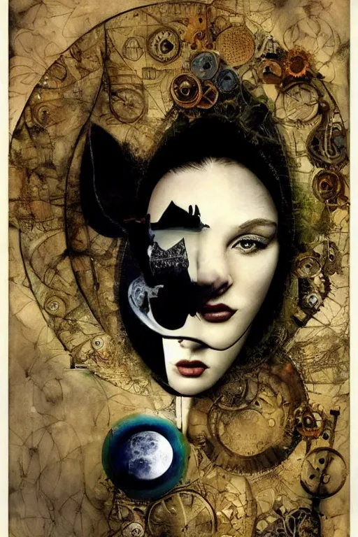 Image similar to Collage art combines a beautiful woman with a symmetrical face with a moon, cat and heart,surreal, beautiful,steampunk style dave mckean , beautiful and creepy , silkscreen, textures, epic composition, golden ratio, high quality printing,