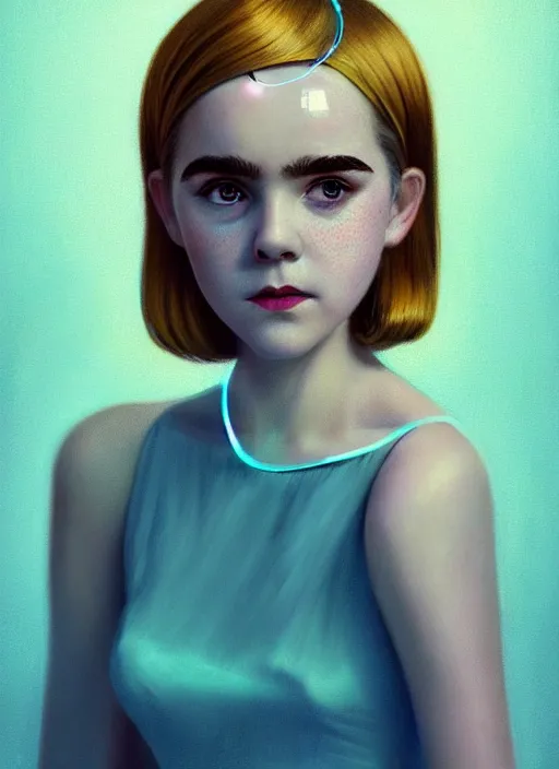 Image similar to portrait of kiernan shipka with freckles, white hair, 1 9 6 0 s bob hairstyle with bangs and hairband, blue 1 9 6 0 s dress, intricate, elegant, glowing lights, highly detailed, digital painting, artstation, concept art, smooth, sharp focus, illustration, art by wlop, mars ravelo and greg rutkowski