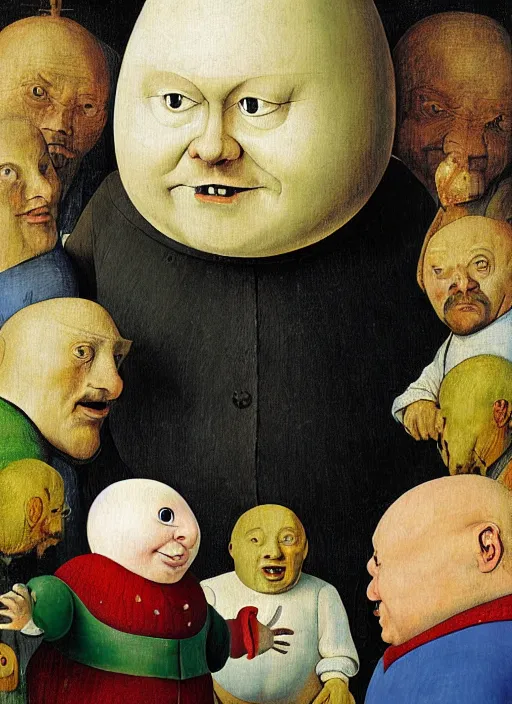 Image similar to full body detailed painting of silly round humpty dumpty with jack black facial expression, realistic, by hieronymus bosch and pieter brueghel