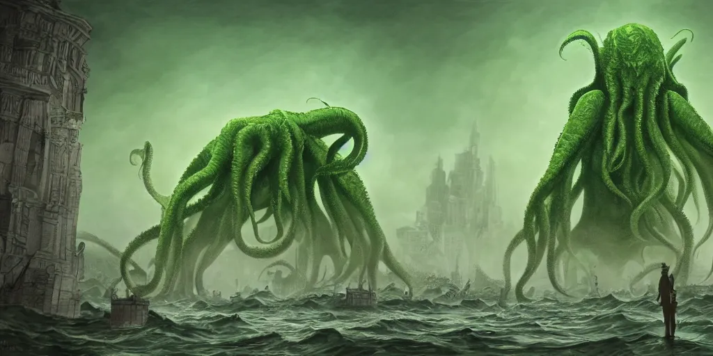 Image similar to a giant cthulhu threatening a city from the horizon while people are terrified, year 1920, digital art, shades of green