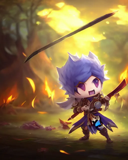 Prompt: oil painting of a cute chibi MapleStory warrior,, attacking, casting a spell with a spear, wearing a MapleStory warrior outfit, sharp focus, fantasy style, octane render, volumetric lighting, 8k high definition, by greg rutkowski, highly detailed, trending on artstation, magic the gathering artwork, Perion background from MapleStory, centered