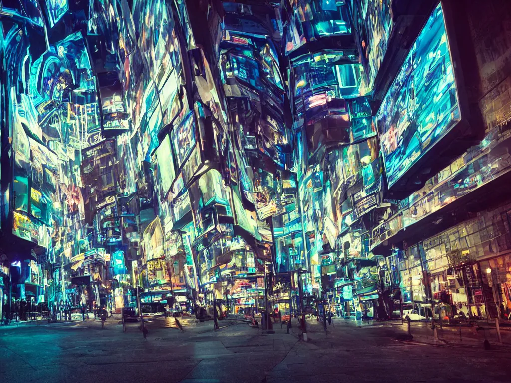 Image similar to streets with curved translucent screens projecting detailed sci - fi art ( 2 0 4 2 ), pixel perfect photograph, high contrast, volumetric lighting, thin glowing lights, chair, users, pair of keys