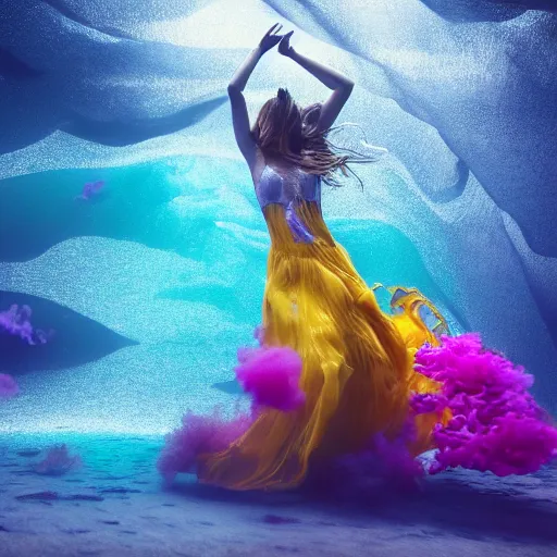 Image similar to beautiful realistic woman dancing underwater wearing a flowing dress made of blue, magenta, and yellow seaweed, delicate coral sea bottom, swirling silver fish, swirling smoke shapes, octane render, caustics lighting from above, cinematic