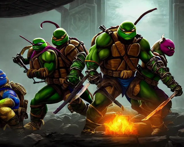 Prompt: a gaming screenshot still portrait of teenage mutant ninja turtles in mortal kombat, deep focus, d & d, fantasy, intricate, elegant, highly detailed, digital painting, artstation, concept art, matte, sharp focus, illustration, dark fantasy style art, hearthstone, art by artgerm and greg rutkowski and alphonse mucha