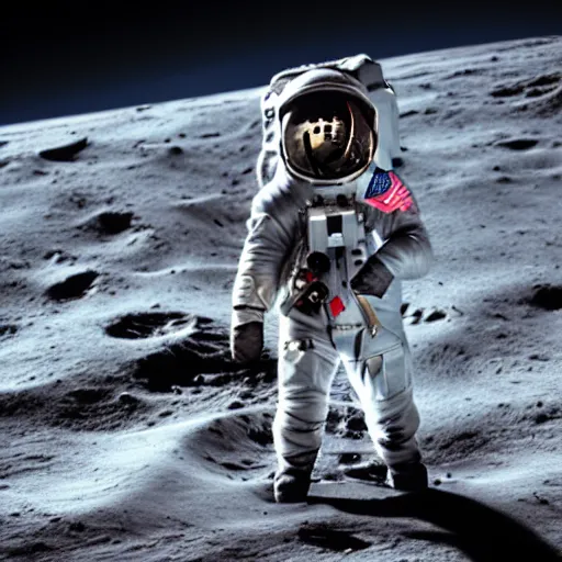 Prompt: a picture of a grey tabby cat wearing an astronaut suit, standing in the moon. Highly detailed . 4k