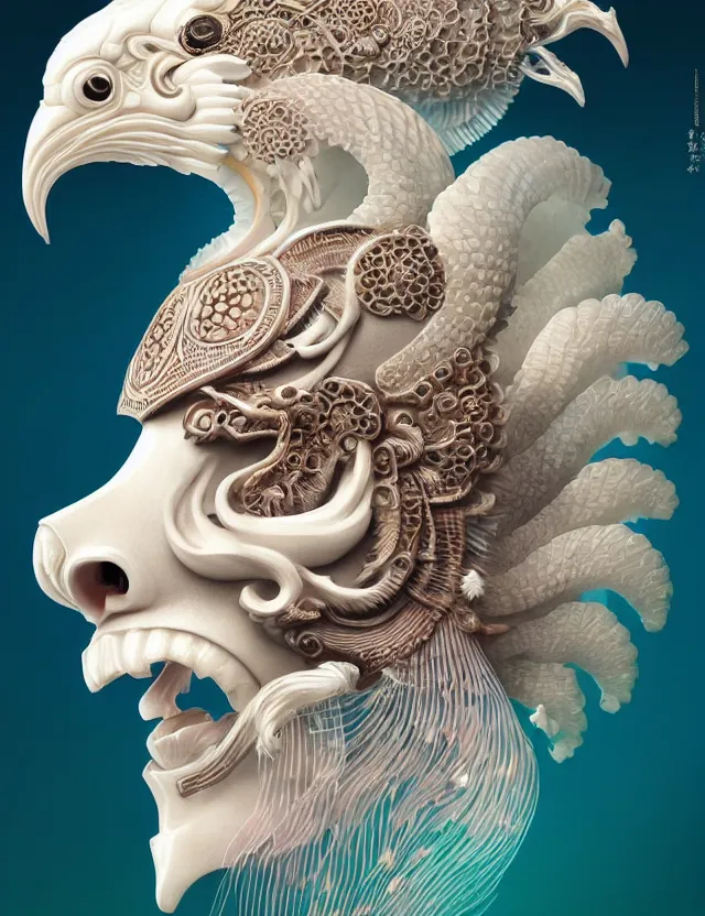 Image similar to 3 d goddess close - up profile portrait ram skull. beautiful intricately detailed japanese crow kitsune mask and clasical japanese kimono. betta fish, jellyfish phoenix, bio luminescent, plasma, ice, water, wind, creature, artwork by tooth wu and wlop and beeple and greg rutkowski