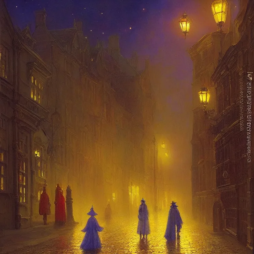 Image similar to beautiful painting of old London street scene spooky dark fog in the moonlight fantasy mystical Victor Nizovtsev