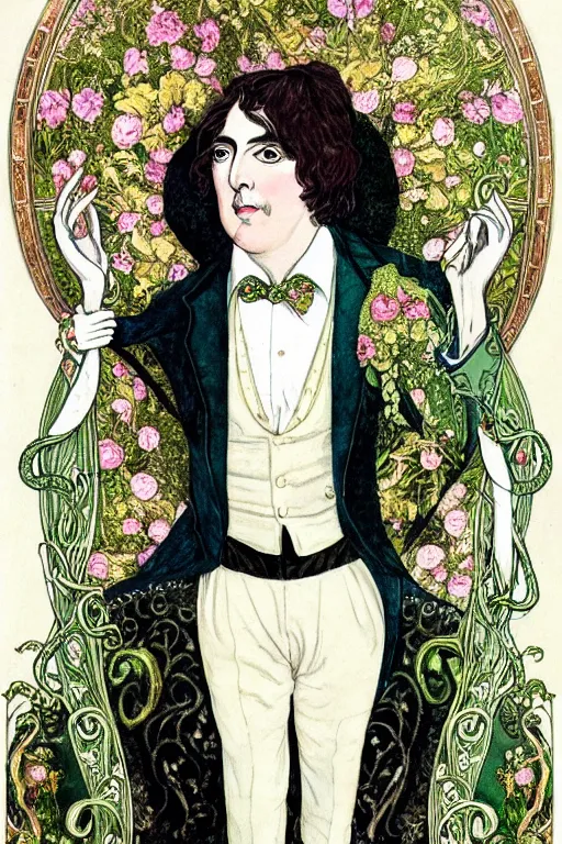 Prompt: realistic portrait of oscar wilde wearing a victorian suit with hands behind his back in the center of an ornate rococo frame of flowers, detailed art by kay nielsen and walter crane, illustration style, watercolor