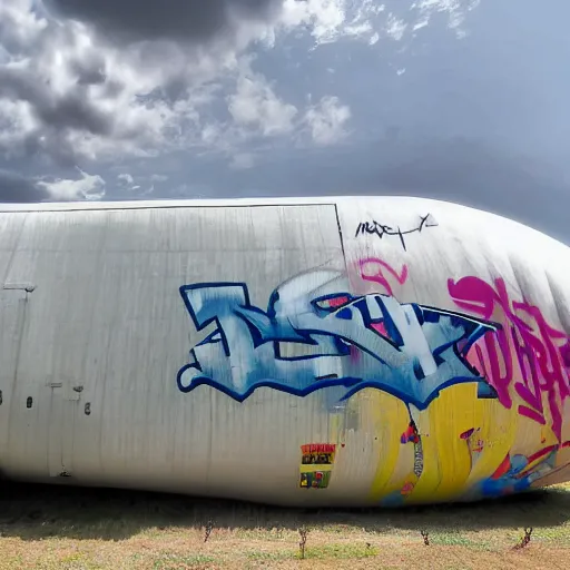 Image similar to a detailed photo of an airship full of graffiti