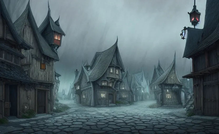 Image similar to beautifully drawn concept art of an old medieval mystic town : : art by hayao miyazaki and studio ghibli : : dramatic mood, overcast mood, dark fantasy environment : : trending on artstation, unreal engine, digital art