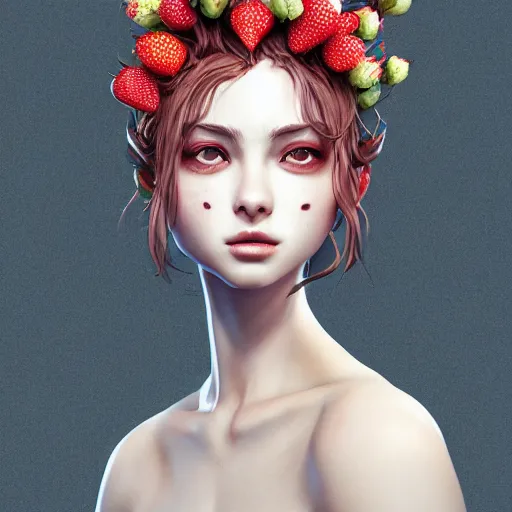 Image similar to the face of an absurdly beautiful, graceful, elegant, sophisticated young woman made of strawberries and white petals with tears, an ultrafine hyperdetailed illustration by kim jung gi, irakli nadar, intricate linework, bright colors, octopath traveler, final fantasy, unreal engine 5 highly rendered, global illumination, radiant light, detailed and intricate environment