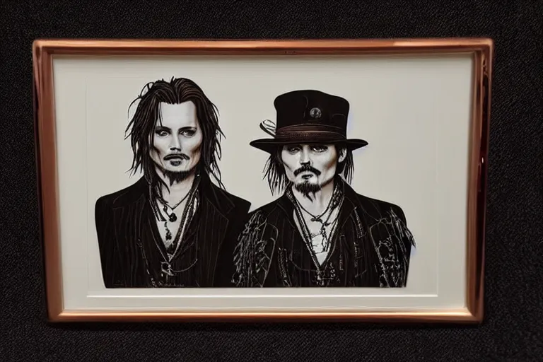 Image similar to An engraved portrait of Johnny Depp , detailed!!! copper-plate engraving, fine!!! lines, Bureau of Engraving and Printing