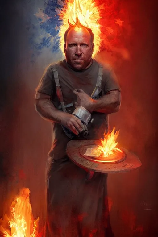 Image similar to character art by bastien lecouffe - deharme, alex jones from infowars, bullhorn on fire, on fire, fire powers, american flag