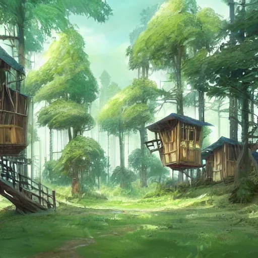 Image similar to concept art painting of treehouses made out of trees, walkways between trees, trees with doors and windows in a deep forest, realistic, detailed, cel shaded, in the style of makoto shinkai and greg rutkowski and james gurney