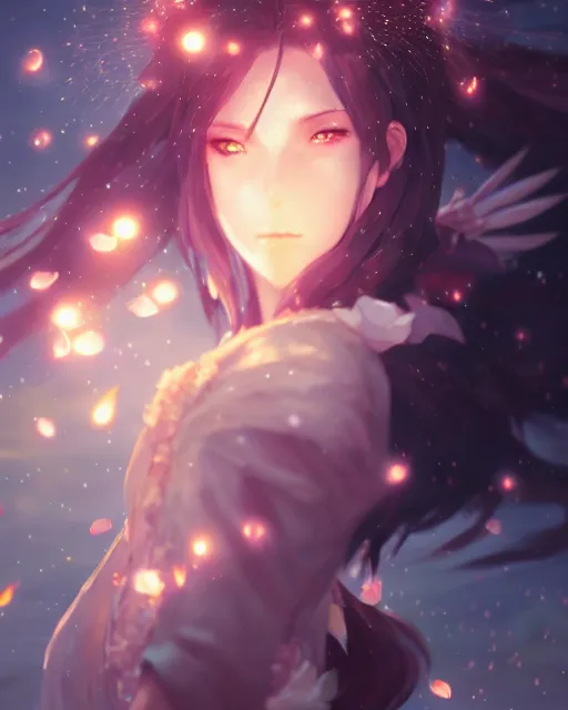 Image similar to a goddess of the night surrounded by fireflies, final fantasy, cushart krenz, very detailed, realistic face, detailed face, matte, tonemapping, perfection, 4 k,