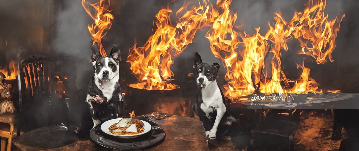 Image similar to a photograph (flash on) of a relaxed anthropomorphic dog sitting on a chair at a dinner table (no fire at all there), surrounded by flames, cup of coffee on the table, huge fire on this dining room in the background, a lot of flames behind the dog, black smoke instead of the ceiling, no watermark