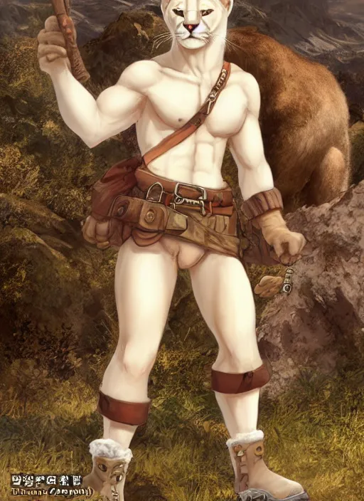 Prompt: character portrait of a anthro! albino mountain lion wearing miner's clothes. hidari, color page, tankoban, 4K, tone mapping, Akihiko Yoshida.