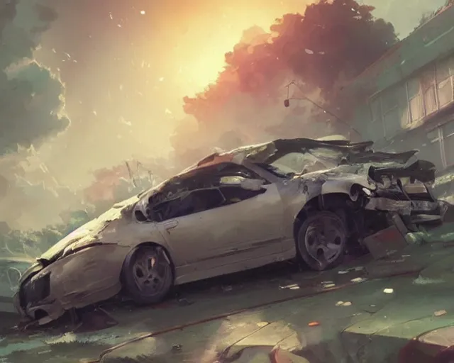 Image similar to a messy car accident, anime art, Greg Rutkowski, studio ghibli, dramatic lighting