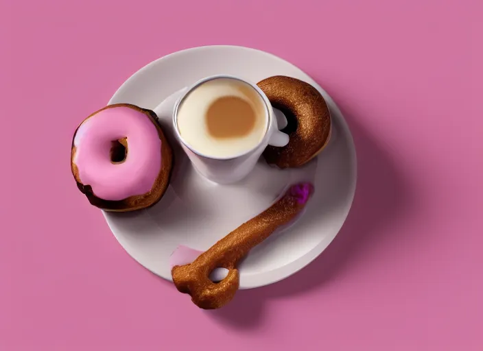 Image similar to A pink donut next to cup of coffee, blender render