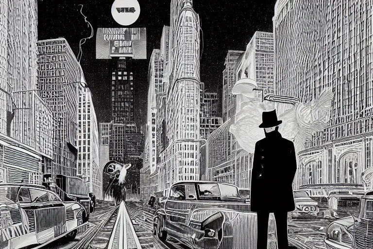 Prompt: a personified llama wearing a 1 9 4 0's noire detective outfit, standing in the streets of chicago at night looking at a crime scene, crime scene photography by moebius, junji ito, tristan eaton, victo ngai, artgerm, rhads, ross draws, hyperrealism, intricate detailed, risograph