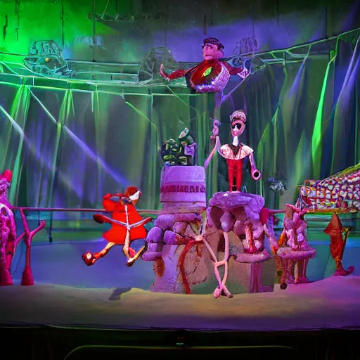 Prompt: claymation style circus, human performers on right, giant insects in audience on left, hyper detailed, dramatic lighting, by Nick Park and Peter Lord