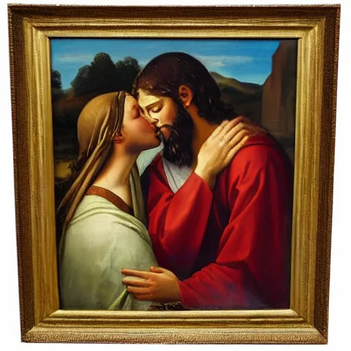 Image similar to 1 8 th oil panting of a jesus kissing a woman