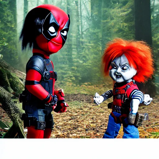 Image similar to chucky the doll and deadpool in the woods together 4 k detailed super realistic