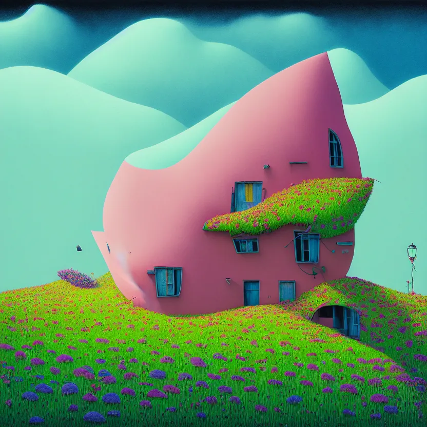 Image similar to house by calatrava, white sea cloud, summer morning, very coherent and colorful high contrast, art by! gediminas pranckevicius! geof darrow, pastel color, volumetric lighting, cinematic, floralpunk screen printing woodblock, dark shadows, hard lighting, stippling art