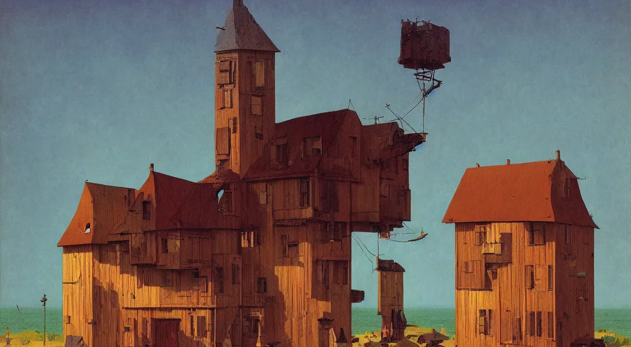 Prompt: single flooded simple infested wooden tower, very coherent and colorful high contrast!! masterpiece by rene magritte simon stalenhag carl spitzweg syd mead norman rockwell edward hopper james gilleard, minimalist, dark shadows, sunny day, hard lighting