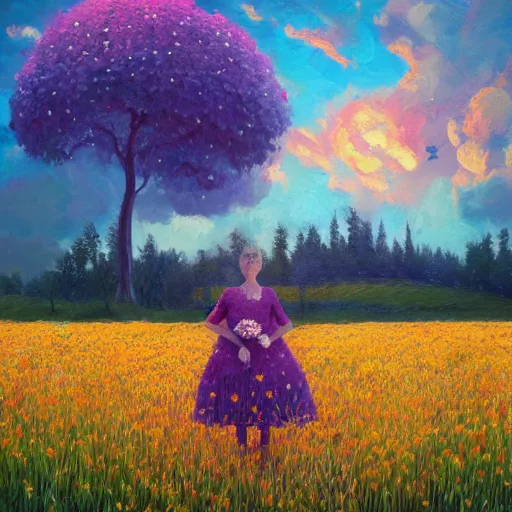 Image similar to girl with giant flower as a face and flower dress, standing in a flower field hills, big trees, sunrise dramatic light, impressionist painting, colorful clouds, digital painting, pointillism, artstation, simon stalenhag