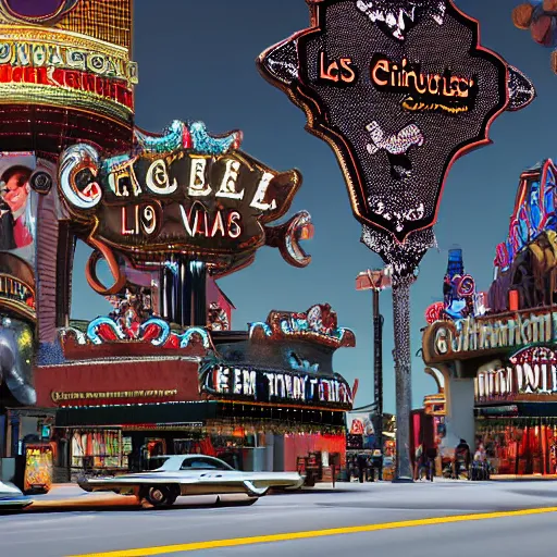 Image similar to gothic style Las Vegas in 1973, chicken heads Elvis body, anthropomorphic Elvis chickens roaming the streets and driving Cadillacs, bright light city, high octane, 8k vray render, subsurface scatter, drum scanner, intricate complexity, cinematic quality