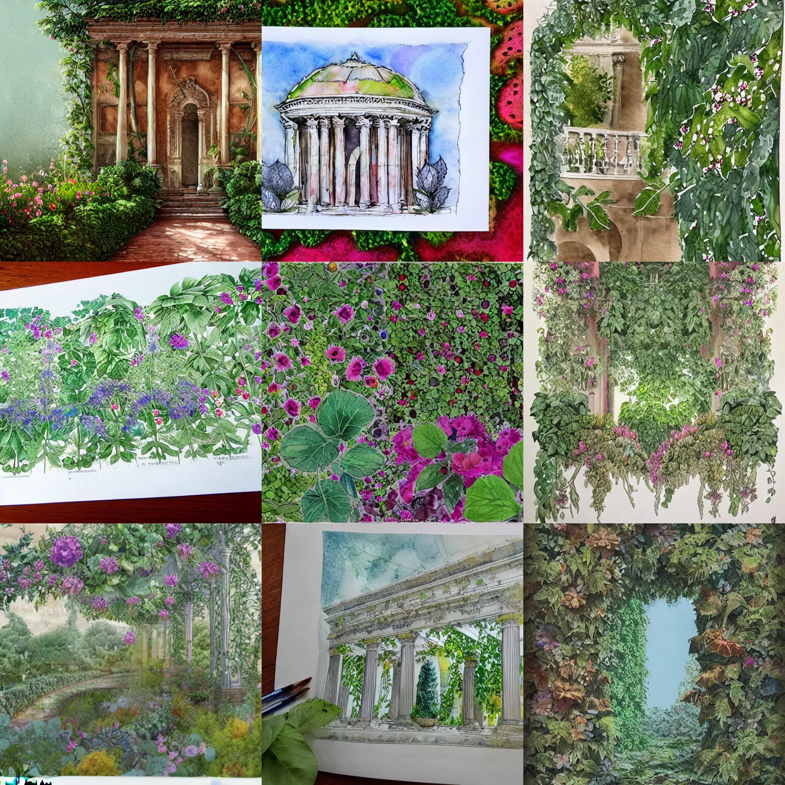 Prompt: garden on paper floating puffy vines herbarium watercolors iridescent 8 k wide angle realistic artstation italian liberty architecture