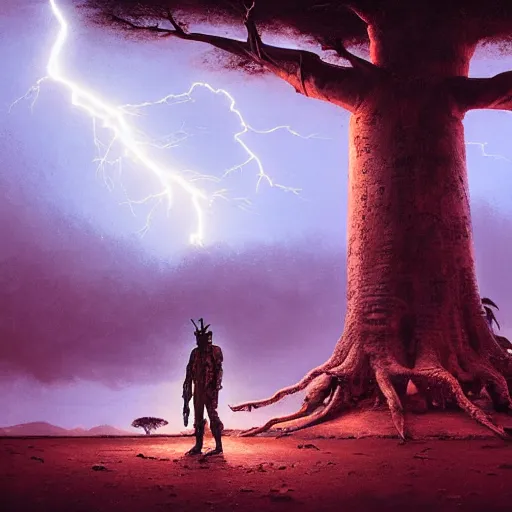 Image similar to a zulu cyberpunk hunter near pink lake witha a baobab tree during a thunderstorm by greg rutkowski and android jones in a surreal portrait style, oil on canvas, 8k resolution.