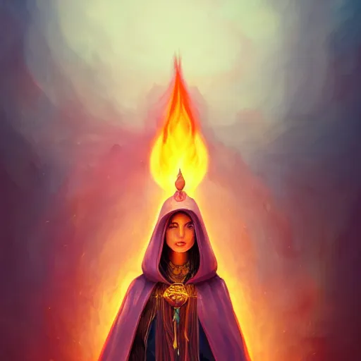 Image similar to ( a priestess with a hood that covers half her face carries an incense burner that emits a pleasantly colored flame. ) by anato finnstark, photorealistic, full body portrait, dynamic lighting, beautiful, trending on artstation, wallpaper, 4 k, award winning, digital art, very detailed faces