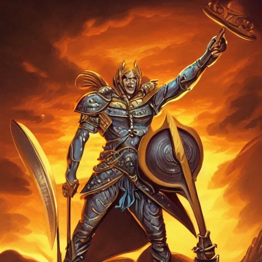 Prompt: perfect warrior with golden plates and a halberd, dnd illustration by boris vallejo and jeff easley and dan mumford, character concept trending on artstation