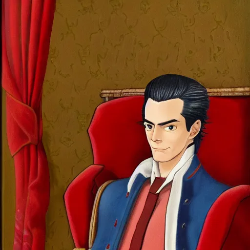 Image similar to a highly detailed portrait of miles edgeworth from ace attorney, inside a room with thick red tapestries, oil painting