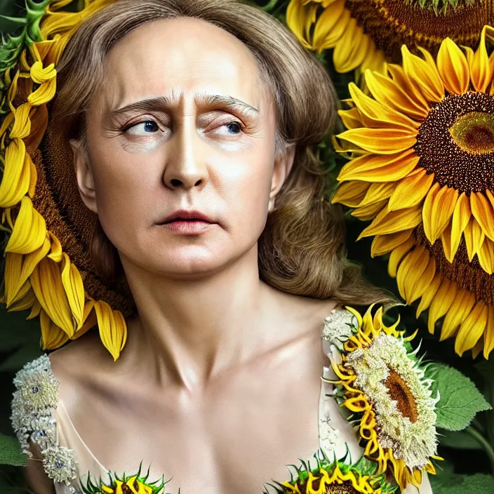 Prompt: photo portrait of Vladimir Putin - sunflowers - dressed in long elegant intricate ornamental ethereal sunflower dress, natural skin tone, highly detailed realistic flowers ornament in the upper side of breast, hair and wrinkles are intricate with highly detailed realistic flowers, elegant, Realistic, Refined, Highly Detailed, natural soft pastel lighting colors scheme, fine art photography by Cecil Beaton, volumetric lighting, hyper realistic photography