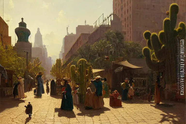 Image similar to cactus-lined street at dawn in a very beautiful Wild west city in summer by Ludwig Deutsch and Rudolf Ernst, colorful architecture, strong dramatic cinematic lighting, lost civilizations, smooth, sharp focus, extremely detailed