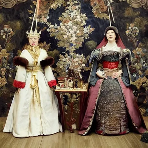 Image similar to A royal bridal ensemble is shown in a museum in a 1900s historical fantasy photograph that combines Russian and Japanese influences.