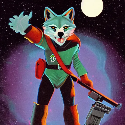 Image similar to 1 9 8 0 s video game art of anthropomorphic wolf o'donnell from starfox fursona furry wolf in a dark space mercenary uniform, looking heroic, magazine scan, 8 0 s game box art, dark grey wolf o'donnell