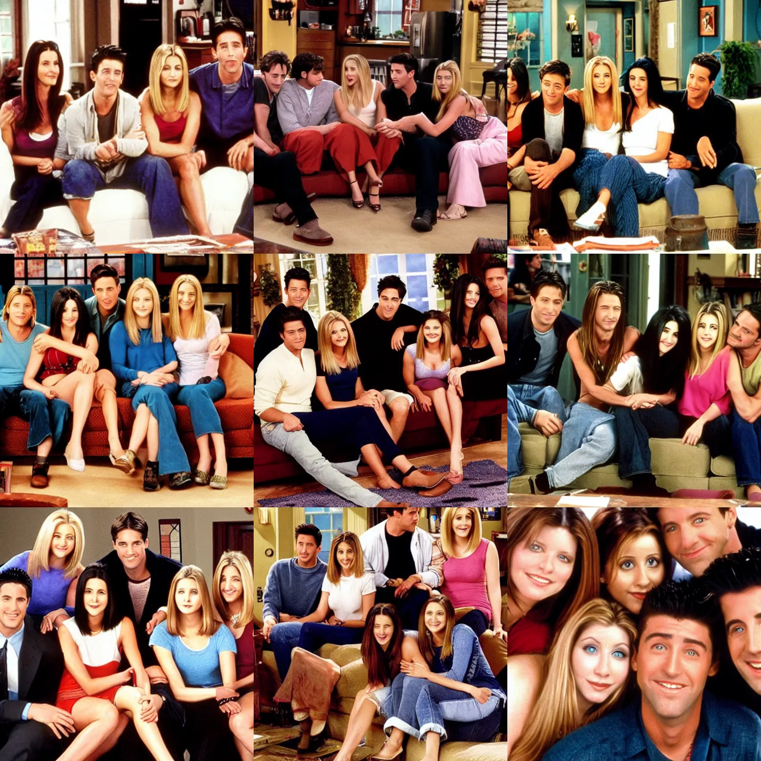 Prompt: the cast of Friends sitting on the couch, but they are in still in high school
