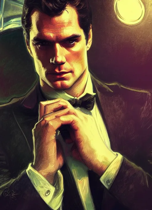 Image similar to portrait of henry cavill as james bond, casino, rain, vintage car, highly detailed, digital painting, artstation, concept art, cinematic lighting, sharp focus, illustration, by gaston bussiere alphonse mucha