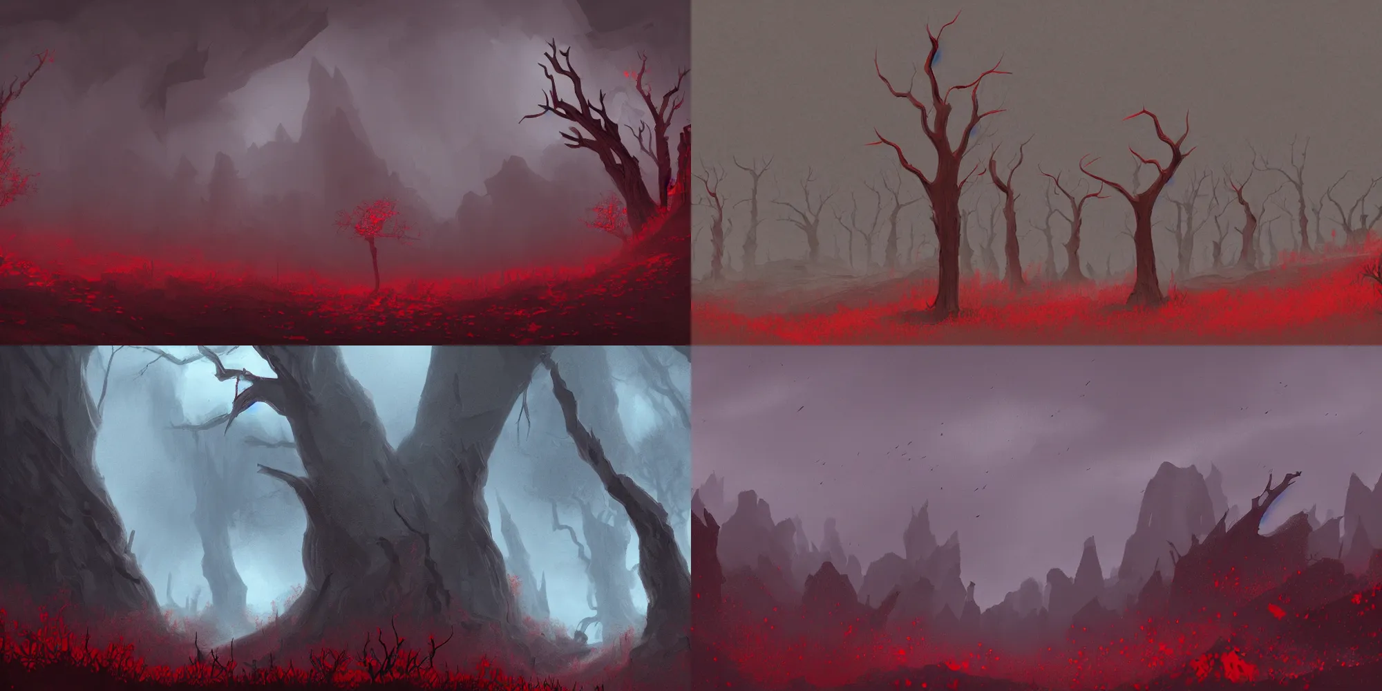 Prompt: dnd art of a landscape of ash and red lichen where the unholy ghostly dark wizard walk, gloomy lighting, low angle, cinematic digital art