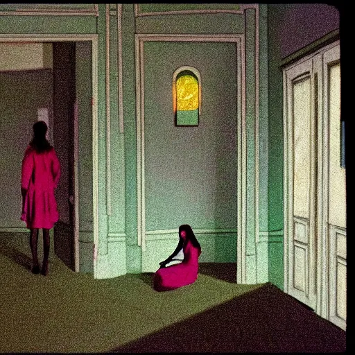 Prompt: a lonely girl in an haunted liminal abandoned room, film still by wes anderson, limited color palette, very intricate, art nouveau, highly detailed, lights by hopper, soft pastel colors