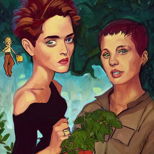 Prompt: short-haired heroic stoic handsome blonde butch tomboy woman engineer standing beside dark fae feathered Jennifer Connelly in garden, in love, Mike Mignola, trending on art station, oil painting