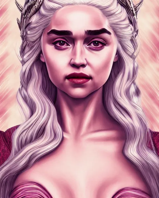 Prompt: closeup portrait beautiful seductive daenerys targaryen with long blonde windblown hair in an ornate royal dress, standing on a street in chinatown, pink lipstick, glamour pose, detailed illustration, digital art, trending on artstation, arney freytag, frank miller, moebius, graffiti, gta v,